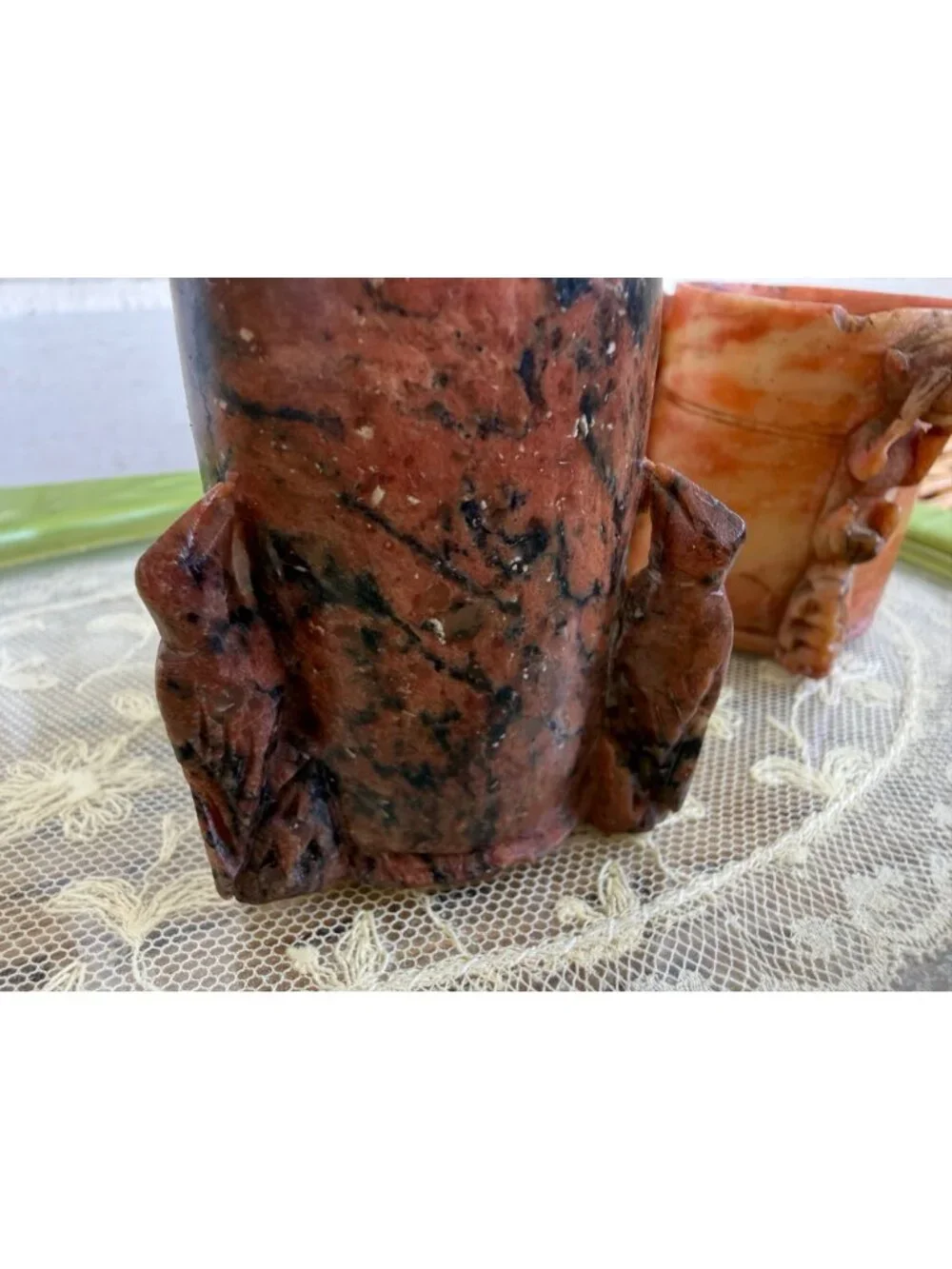 Vintage 30's Chinese Lot 3 Carved Soap Stone Toothpick Holders Monkey Bird